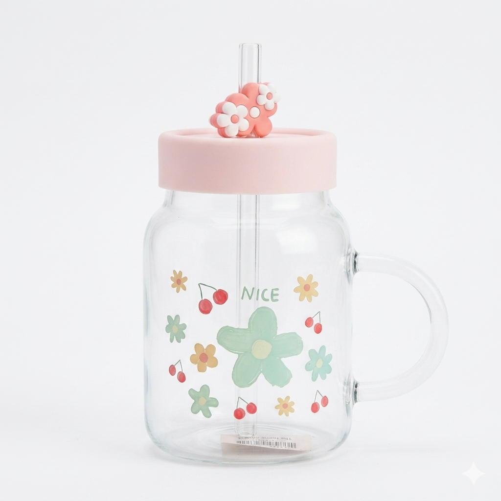 Cute Glass Mug with Straw 800ml