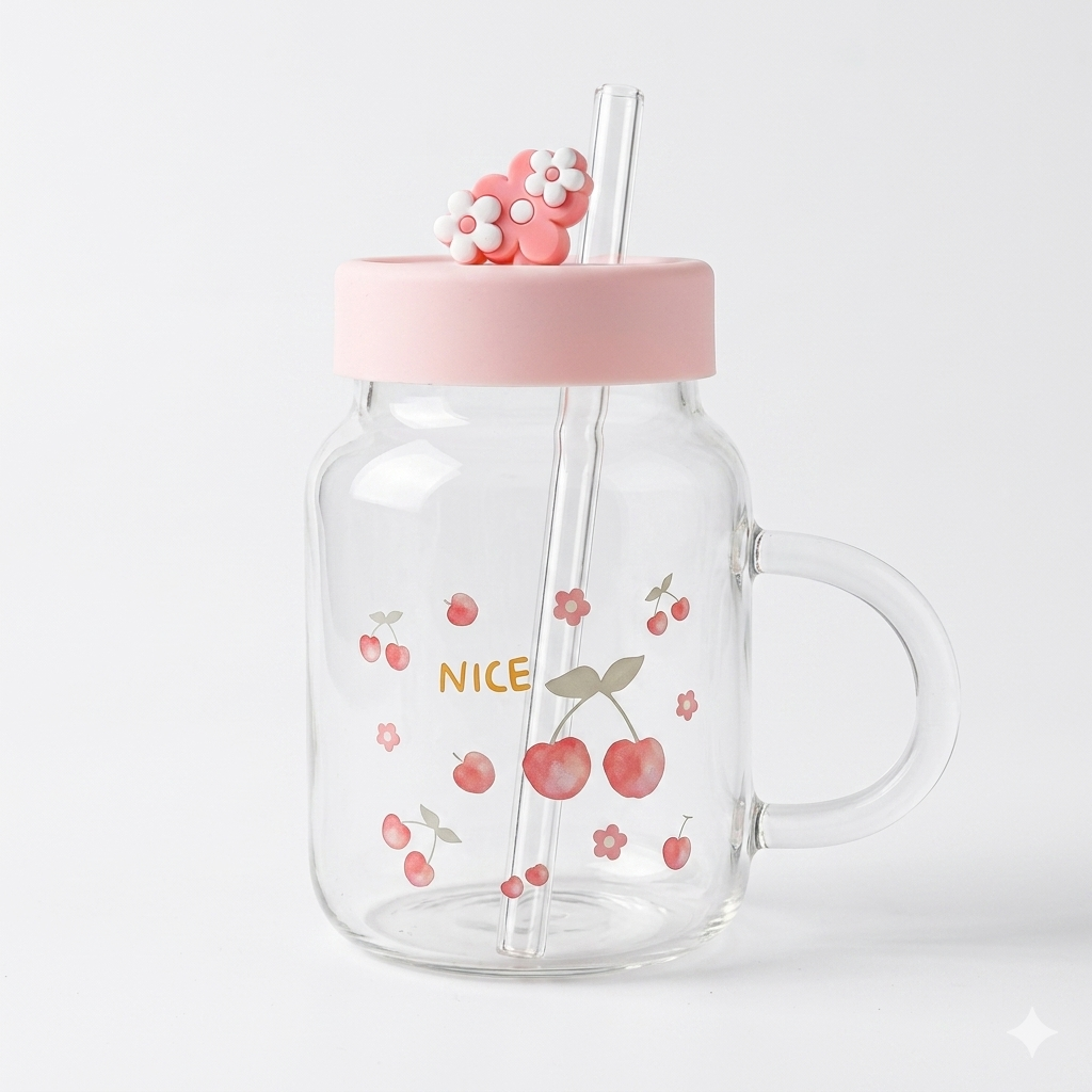 Cute Glass Mug with Straw 800ml