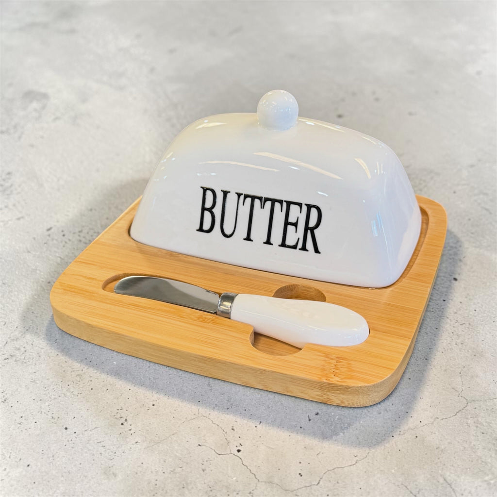 Porcelain Butter Dish with Bamboo & Knife