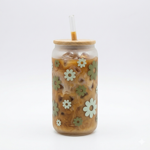 10960 Frosted Daisy Glass Can with Bamboo Lid & Straw 500ml