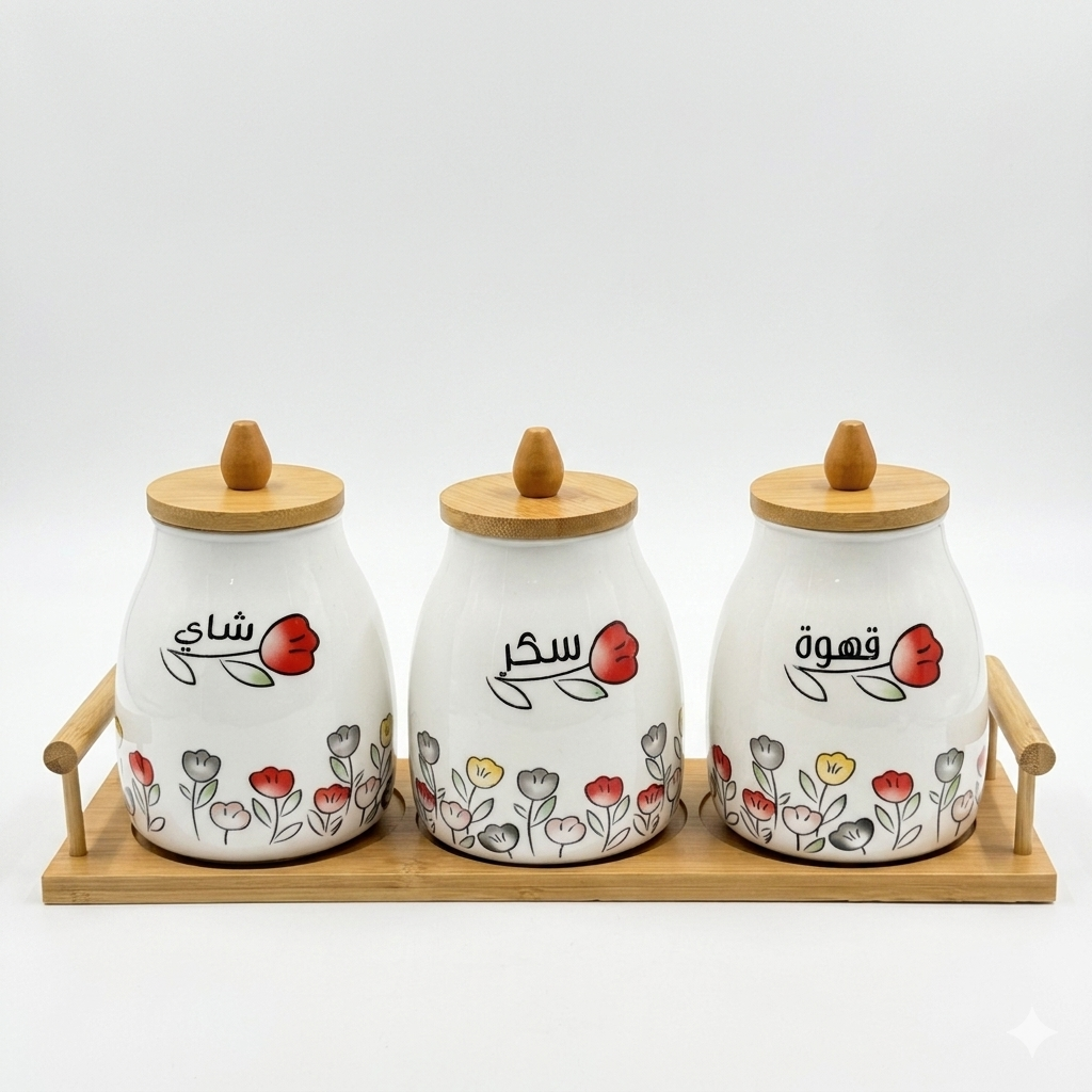 Arabic Floral Ceramic Canister Set with Wooden Tray