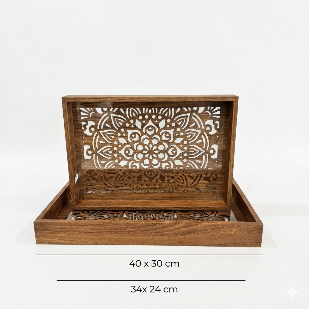 Wood & Glass Mandala Tray Set