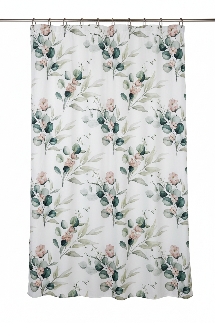Eucalyptus & Blush Floral Shower Curtain – Hanging