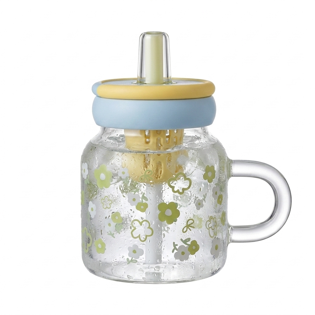 Floral Glass Mug with Straw & Lid