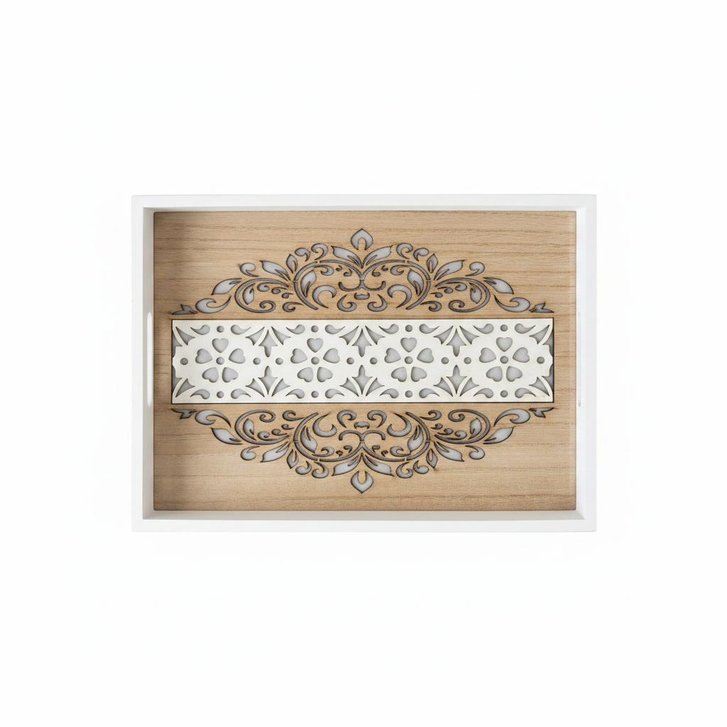 Floral Carved Wood Tray Single