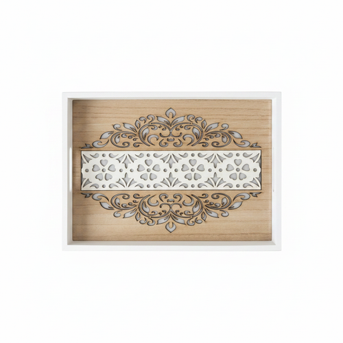 Floral Carved Wood Tray Single