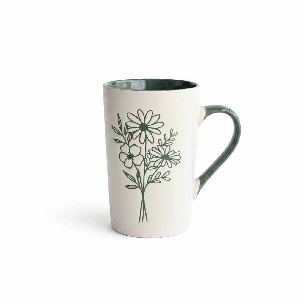 Forest Green Floral Ceramic Mug – White Background
