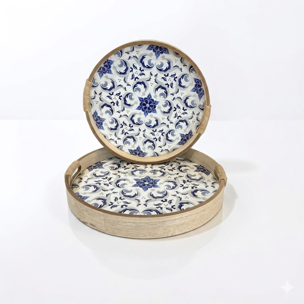 Round Wood Blue Floral Tray Set with Rope Handles