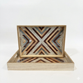 Wood Geometric Mosaic Tray Set