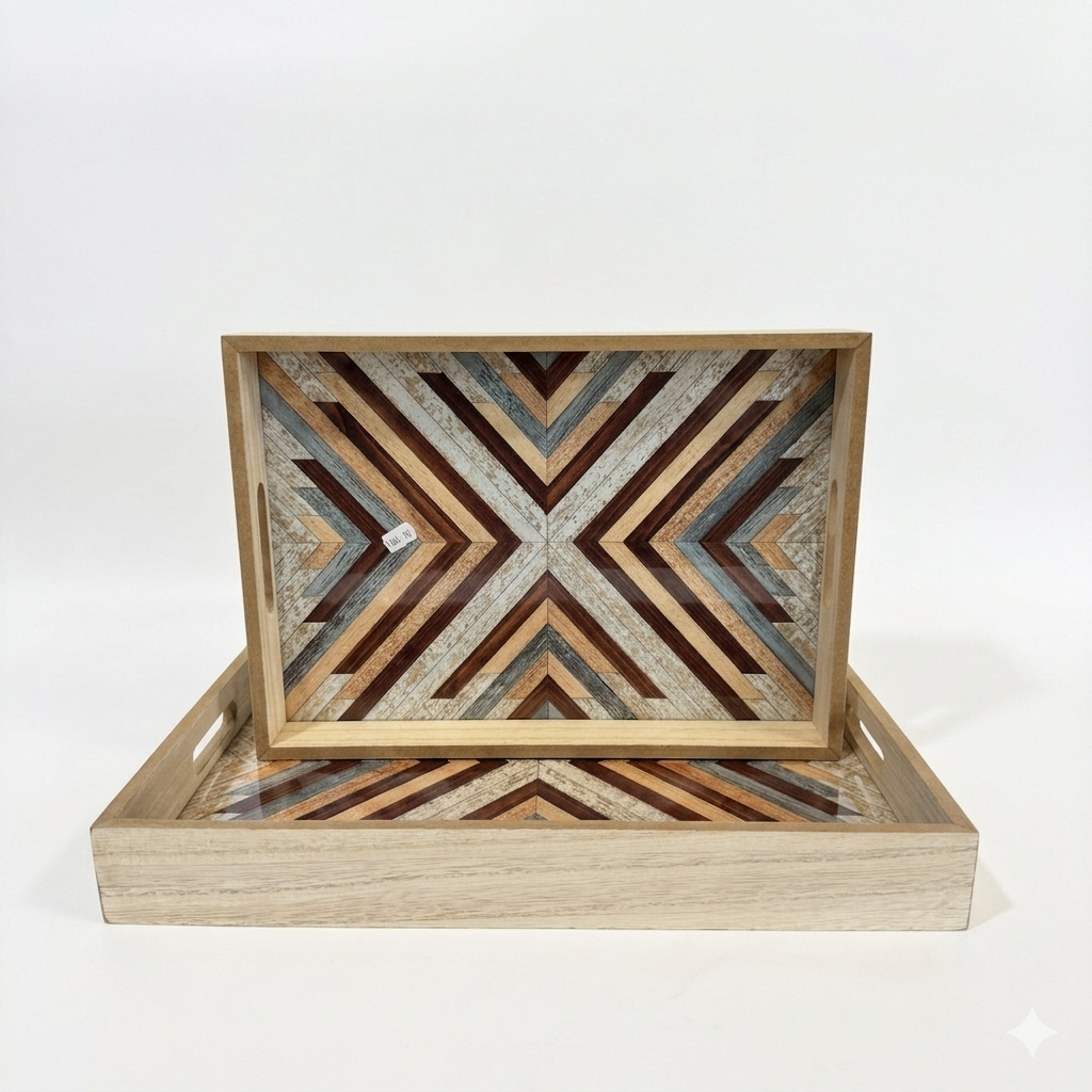 Wood Geometric Mosaic Tray Set