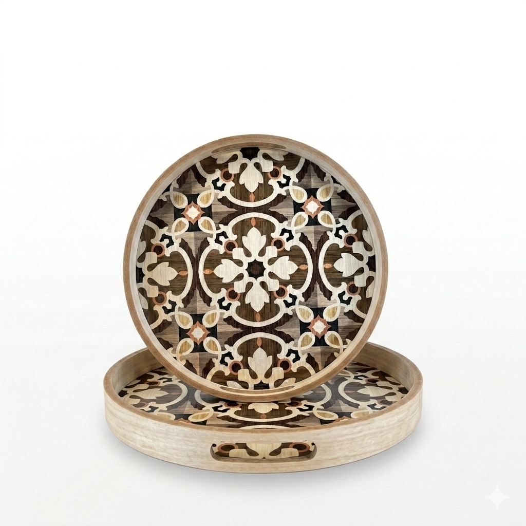 Round Wood Moroccan Inlay Tray Set