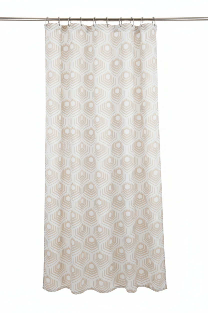 Geometric Beige Shower Curtain – Hanging