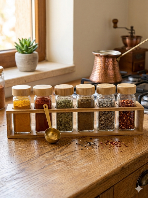 11506 Glass Spice Jars Set with Bamboo Rack - 6 Pieces
