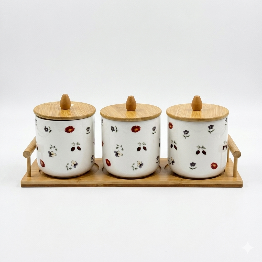 Ceramic Canister Set with Bamboo Tray
