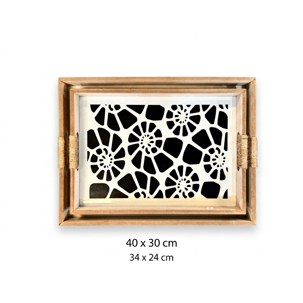 Wood Floral Cutout Tray Set with Rope Handles