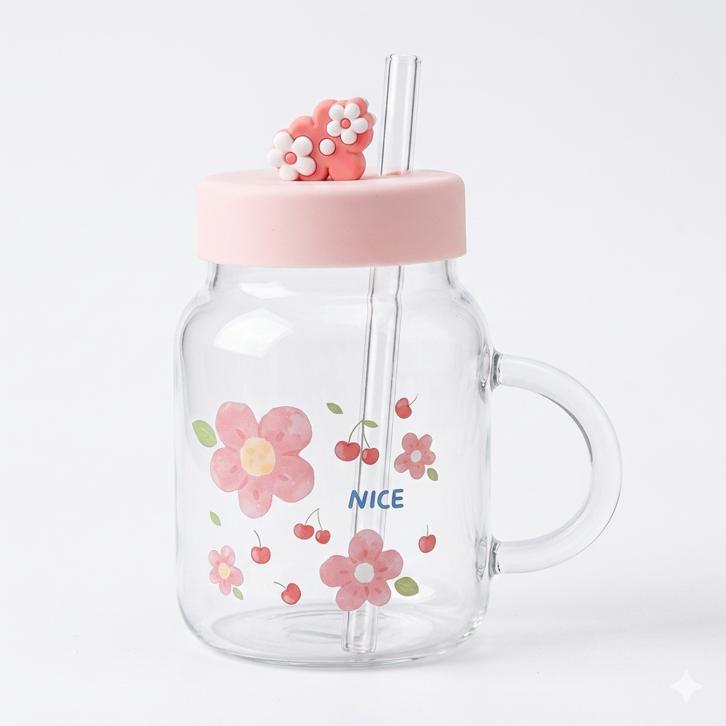 Cute Glass Mug with Straw 800ml