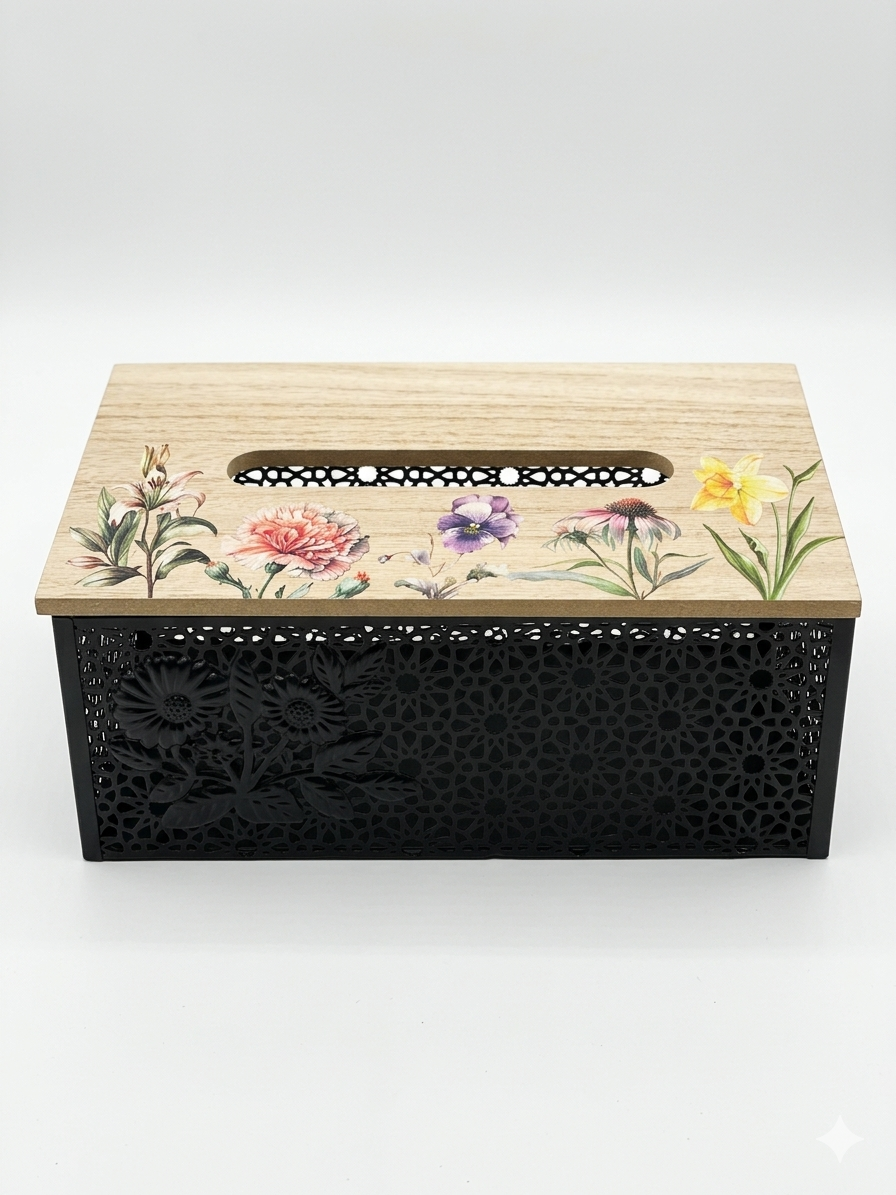 Floral Tissue Box – Wood & Metal