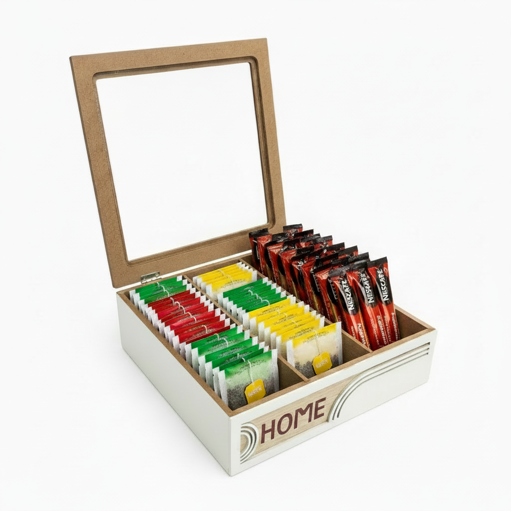 Home Glass Lid Tea Box with Flat Nescafe Sticks