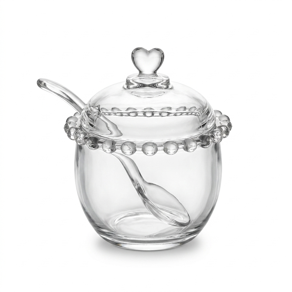 Glass Sugar Bowl with Heart Lid & Spoon