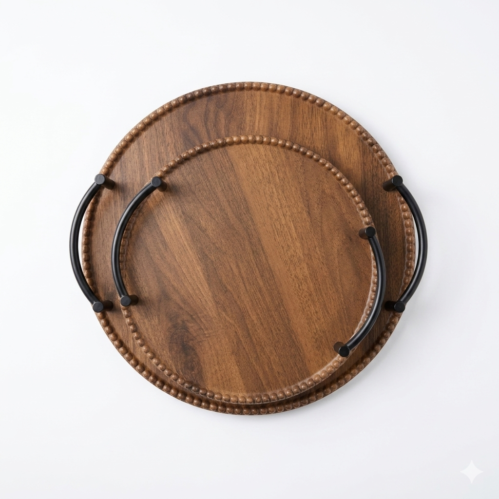 Round Dark Wood Beaded Tray Set with Black Metal Handles