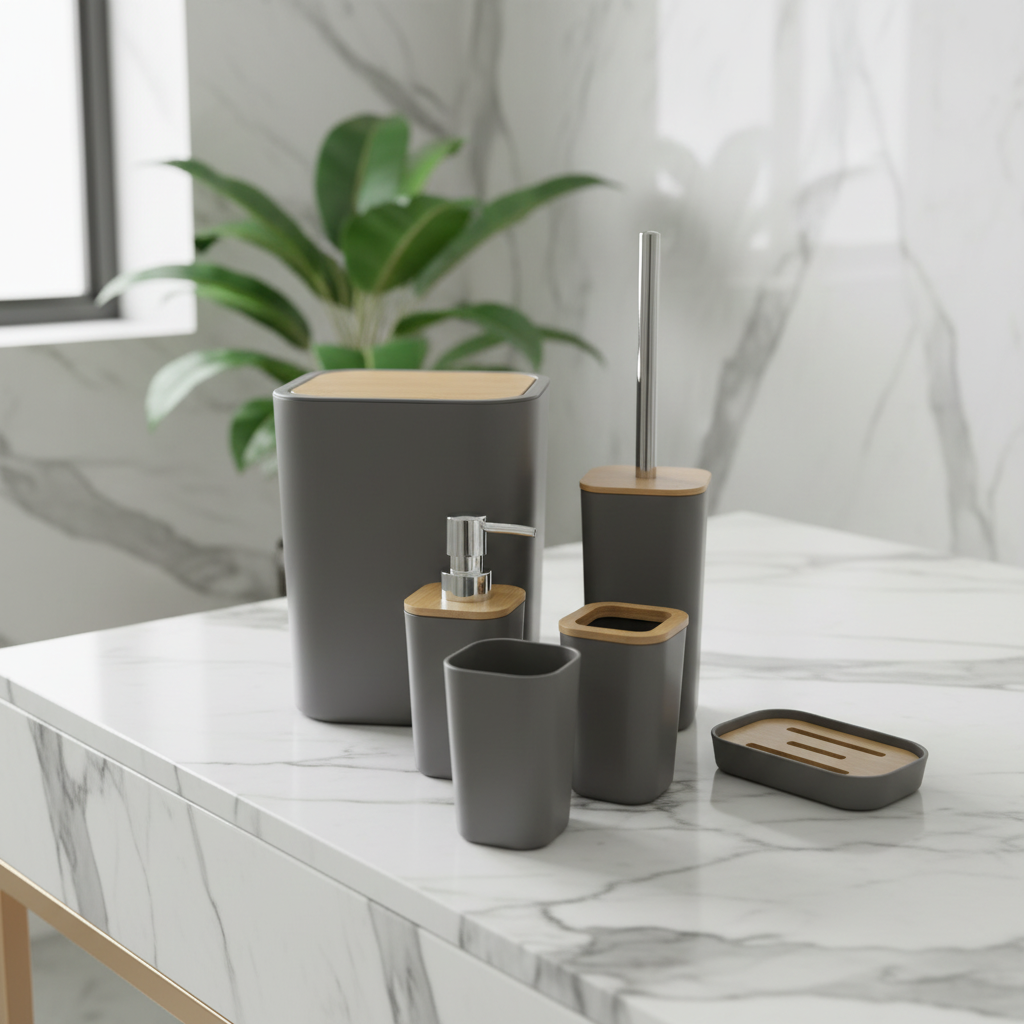 Gray & Bamboo Bathroom Accessories Set