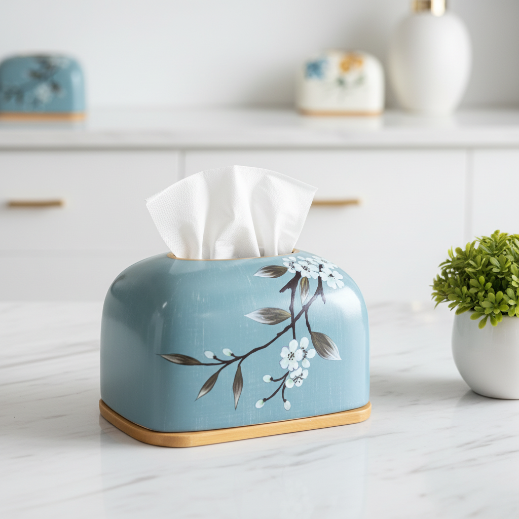 Blue Cherry Blossom Ceramic Tissue Box