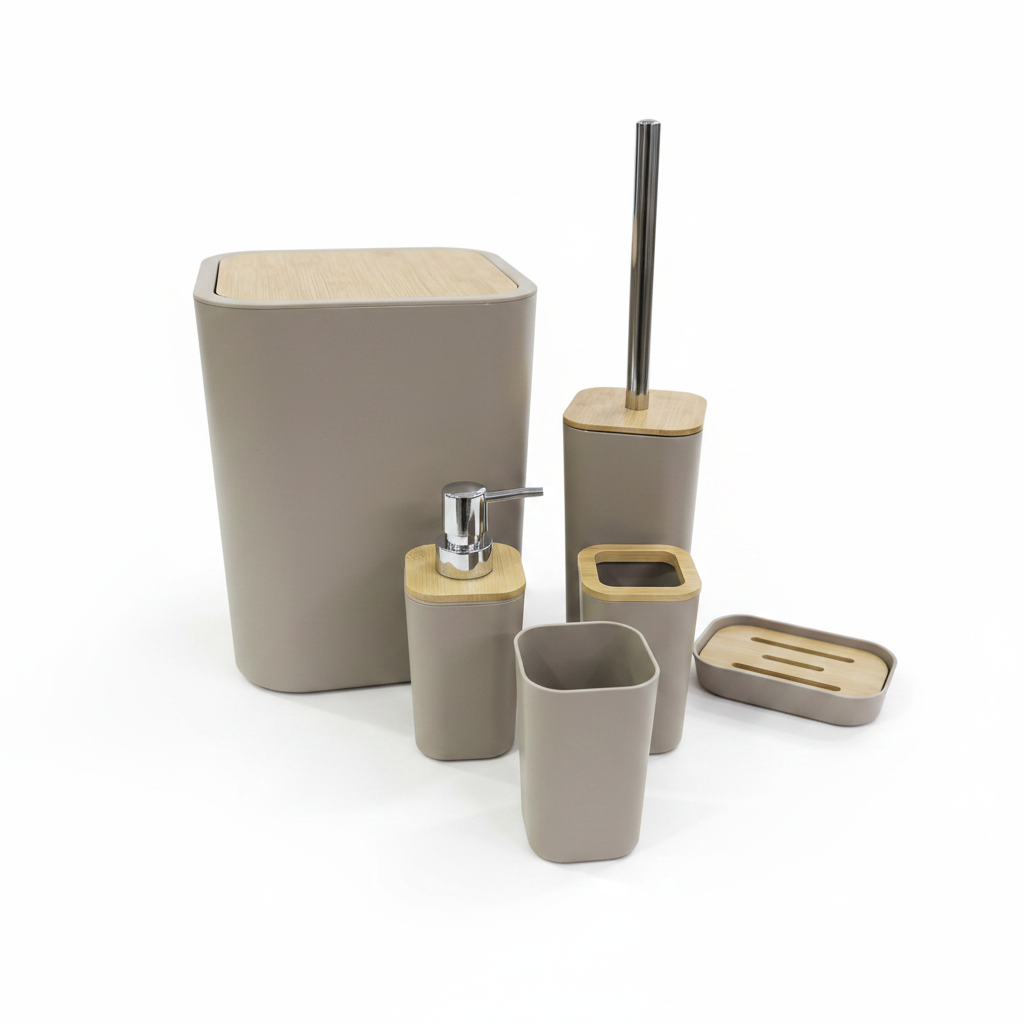 Beige & Bamboo Bathroom Accessories Set