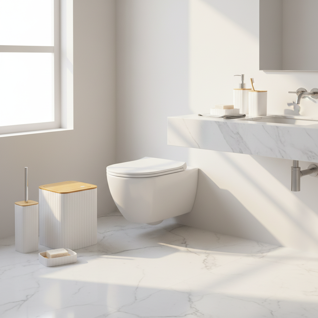 White Ribbed Bathroom Accessories Set – 6 Pieces