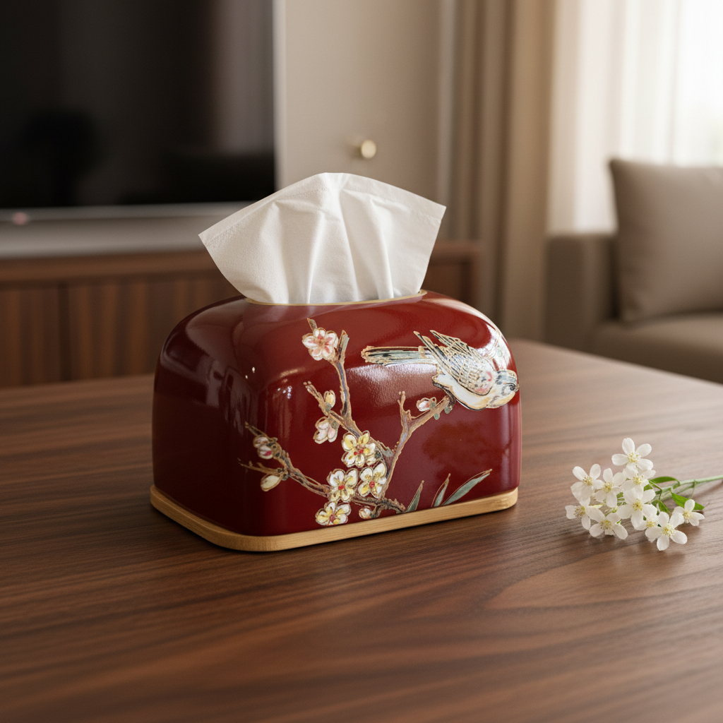 Red Bird & Blossom Ceramic Tissue Box