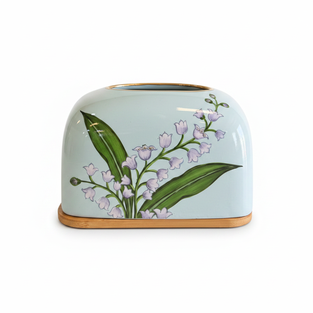 Lily of the Valley Ceramic Tissue Box with Bamboo Base