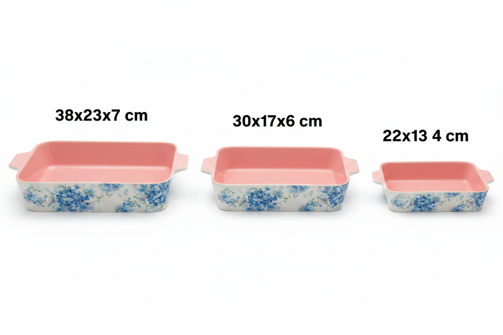 Blue Hydrangea Ceramic Baking Dish Set – 3 Pieces