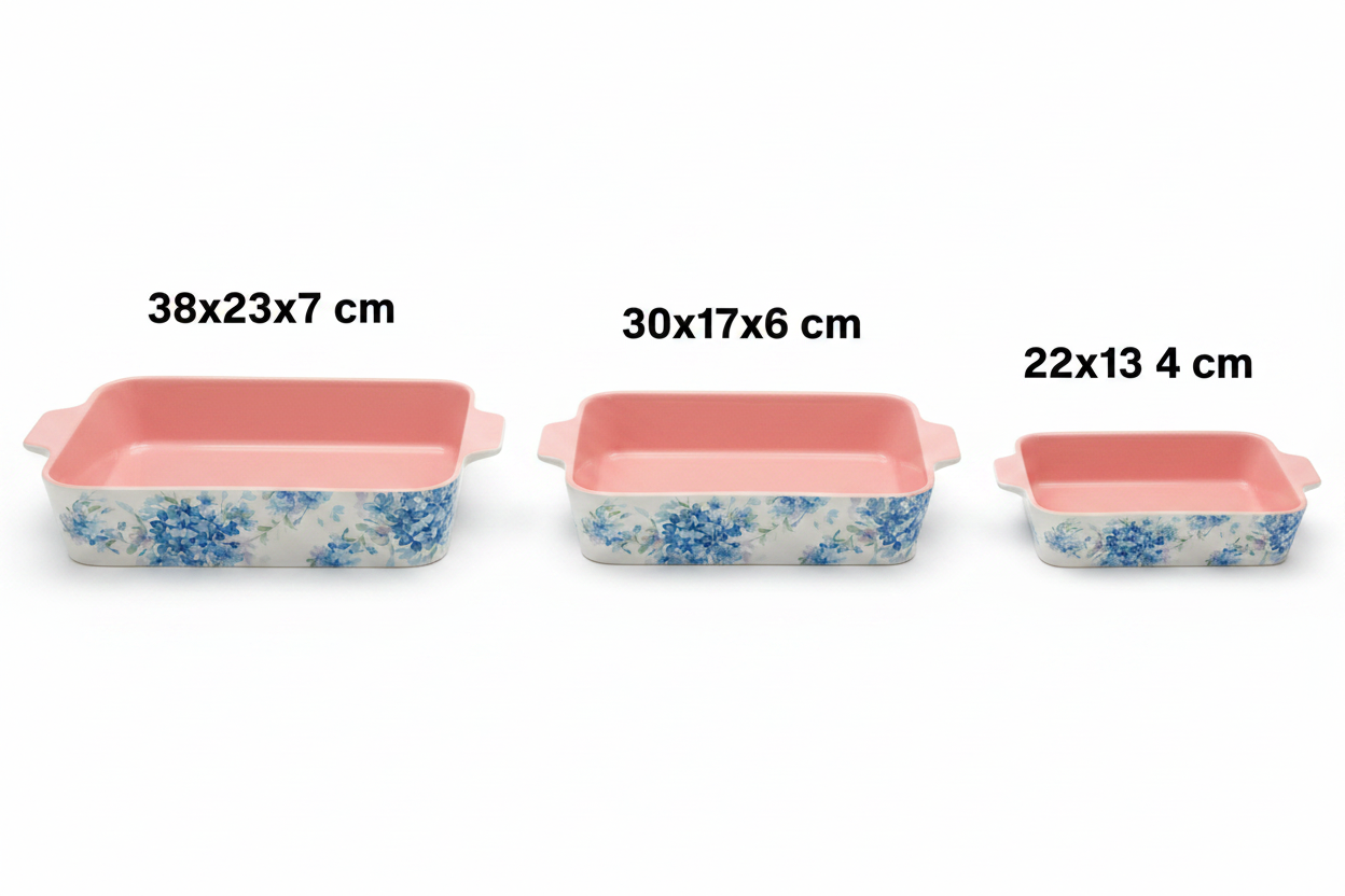 Blue Hydrangea Ceramic Baking Dish Set – 3 Pieces