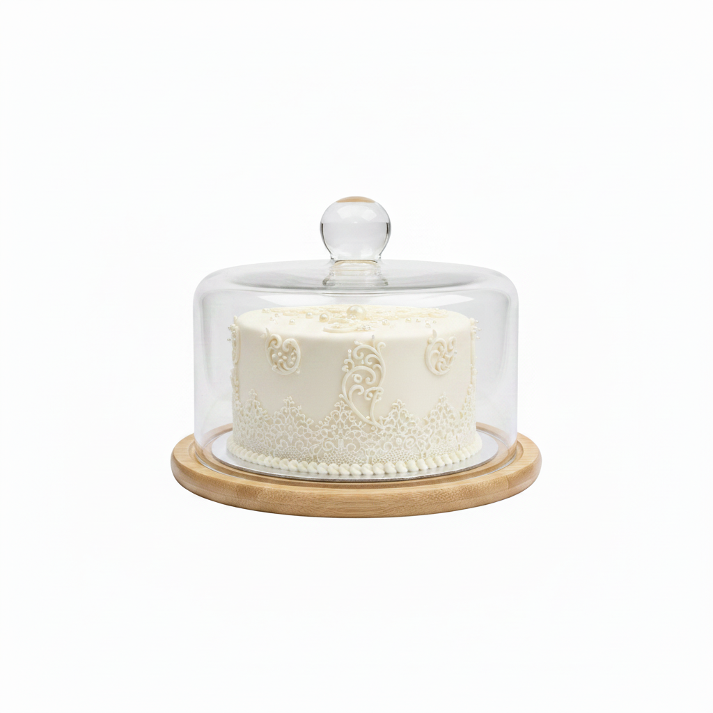 Glass Cake Dome with Bamboo Base 33cm