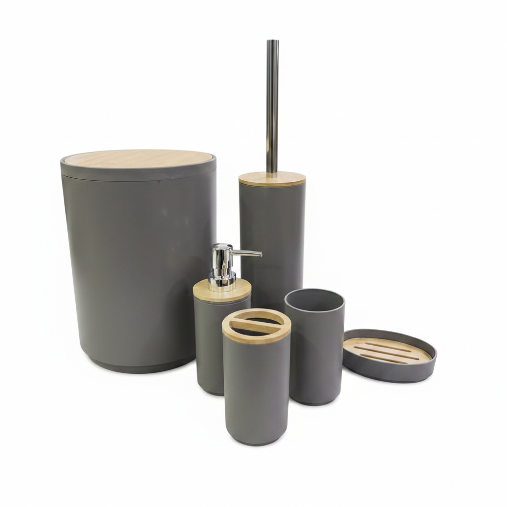 Gray Round & Bamboo Bathroom Accessories Set