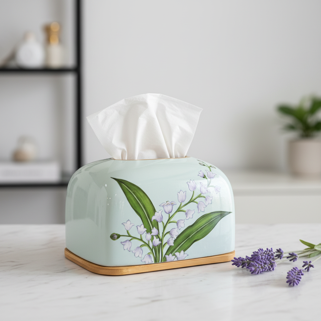 Lily of the Valley Ceramic Tissue Box with Bamboo Base