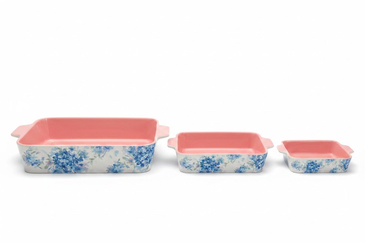 Blue Hydrangea Ceramic Baking Dish Set – 3 Pieces