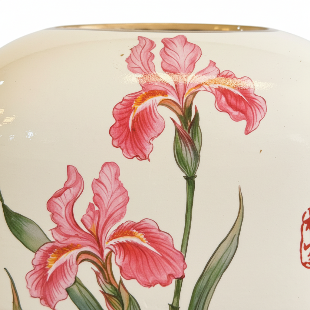 Japanese Iris Ceramic Tissue Box with Bamboo Base