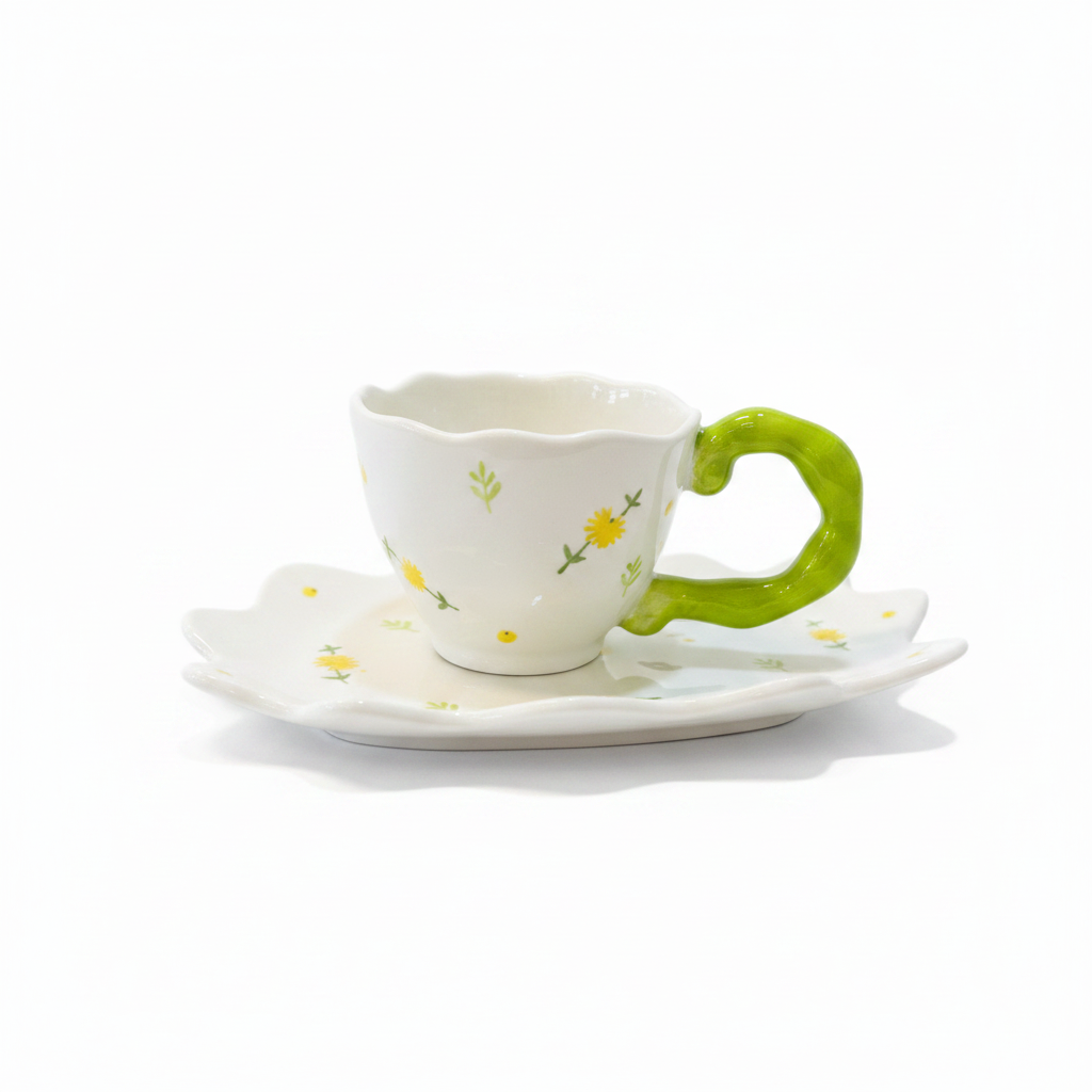 Yellow Floral Green Handle Mug & Saucer 150ml