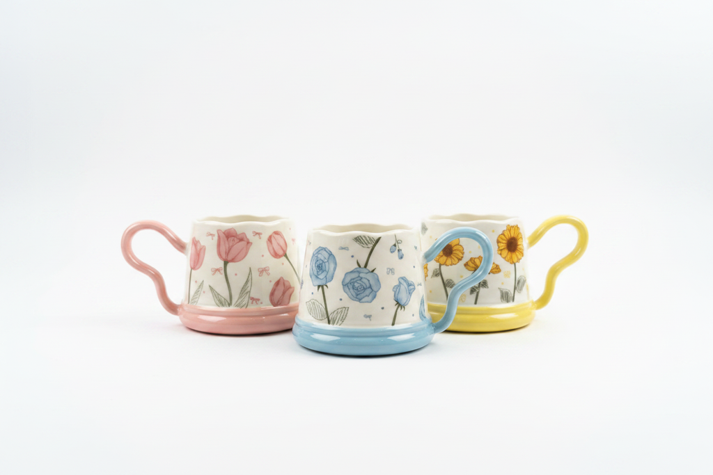 Floral Ceramic Mug with Colored Handle – 350ml