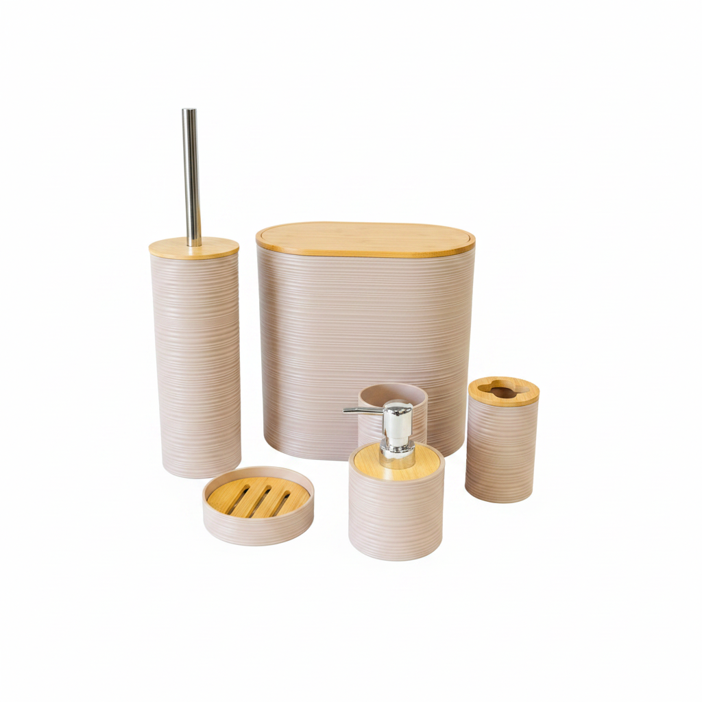 Beige Fine Lines Bathroom Accessories Set – 6 Pieces