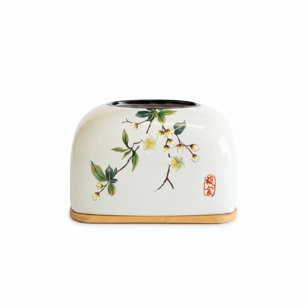 Japanese Blossom Ceramic Tissue Box with Bamboo Base