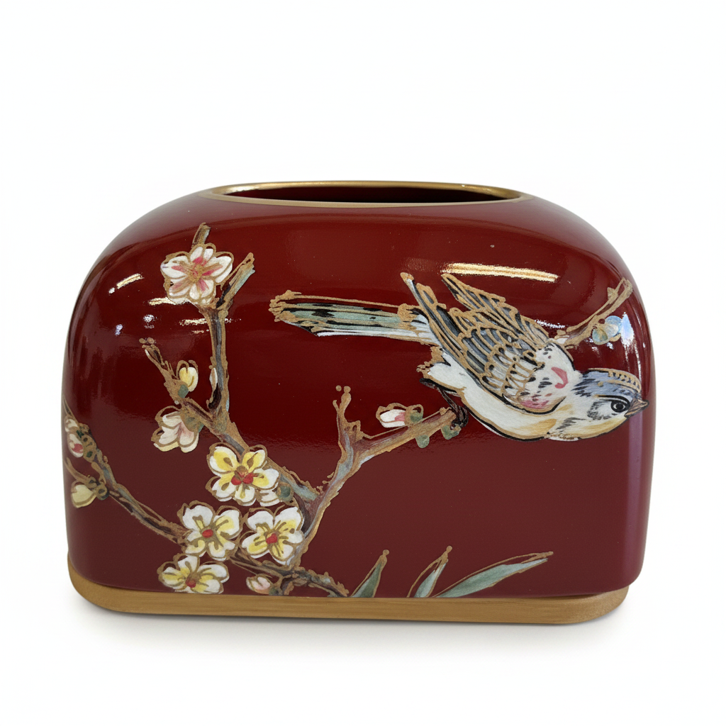 Red Bird & Blossom Ceramic Tissue Box