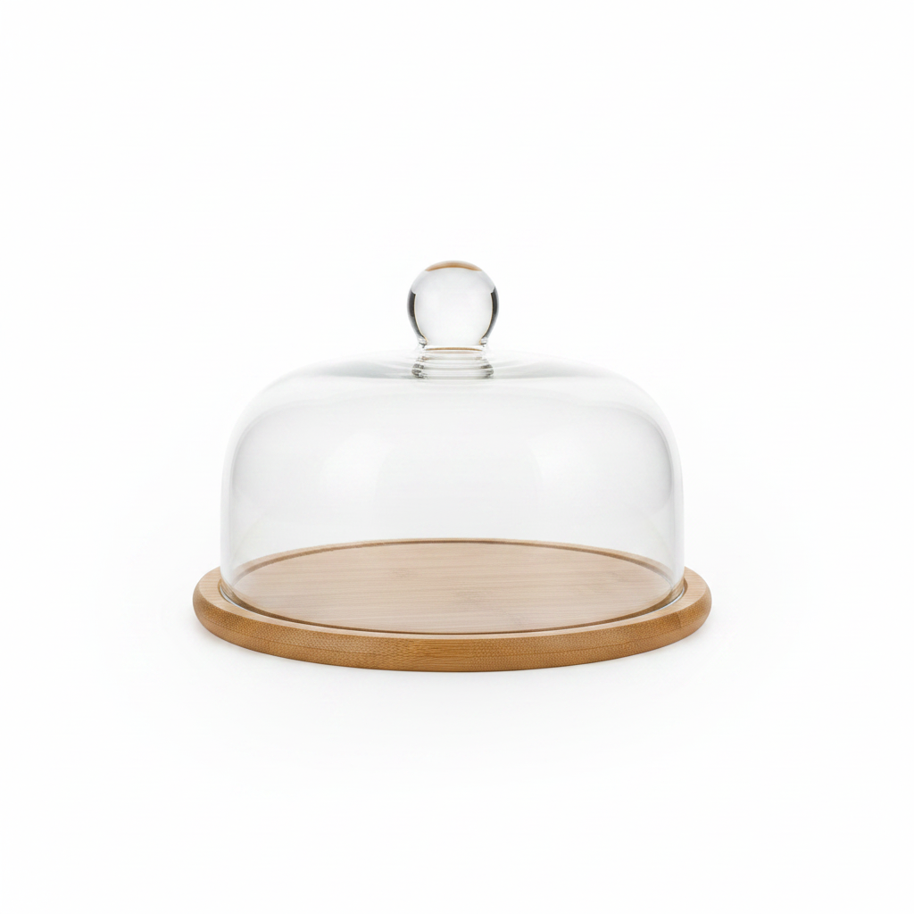 Glass Cake Dome with Bamboo Base 33cm