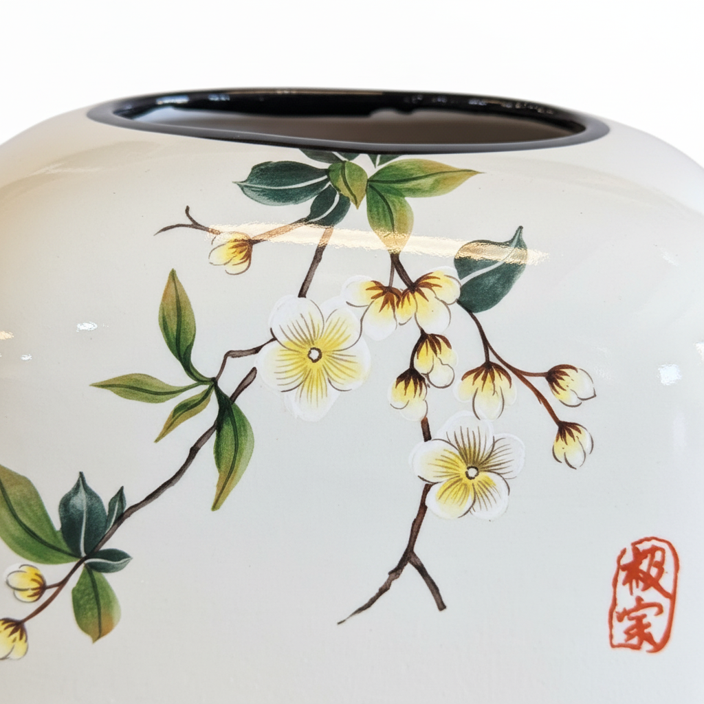 Japanese Blossom Ceramic Tissue Box with Bamboo Base