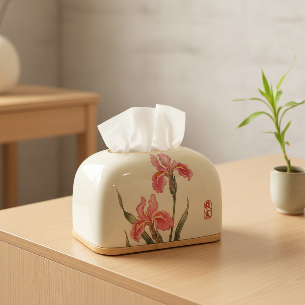 Japanese Iris Ceramic Tissue Box with Bamboo Base