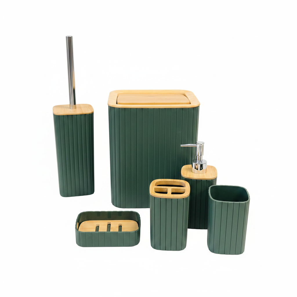 Green Ribbed Bathroom Accessories Set – 6 Pieces