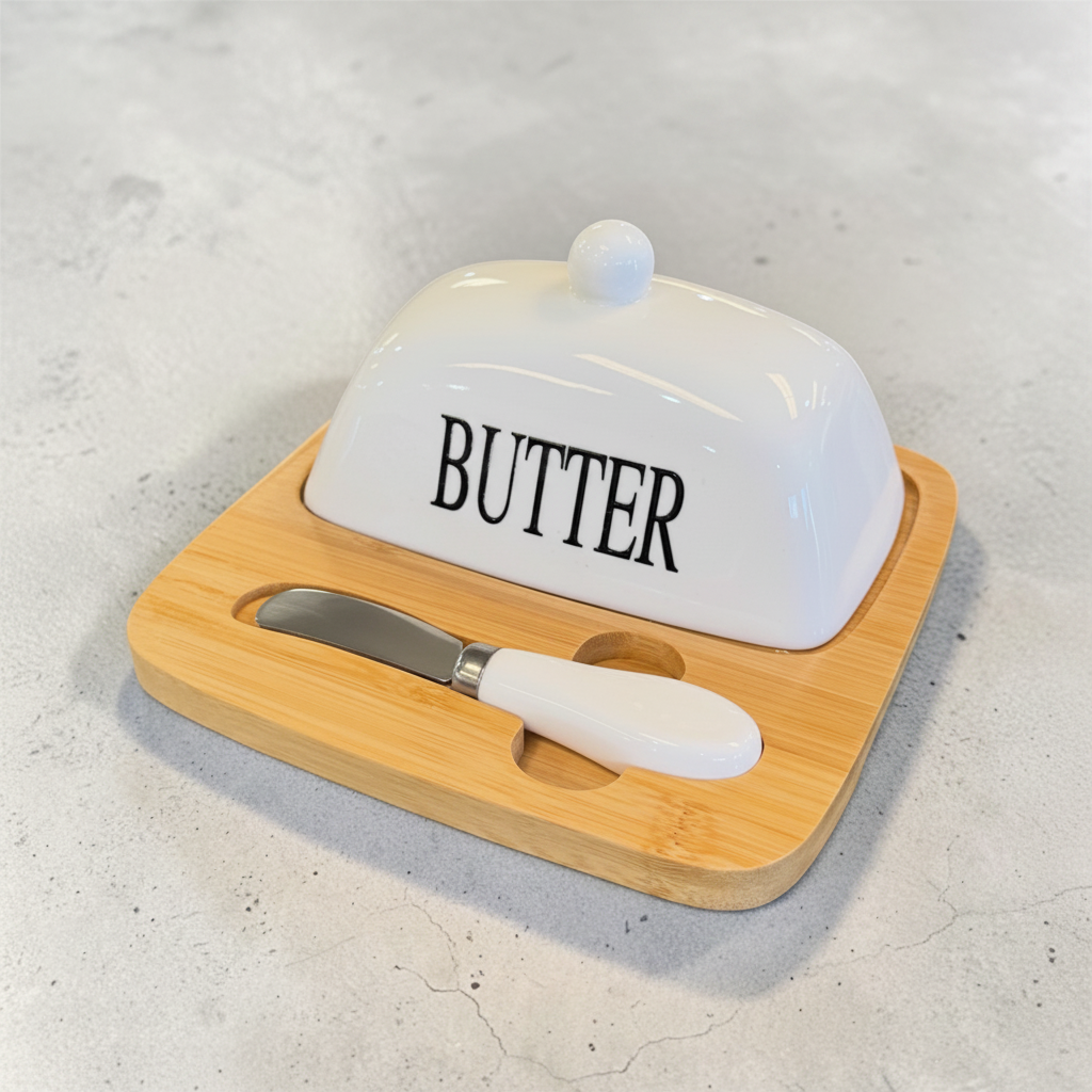 Porcelain Butter Dish with Bamboo & Knife