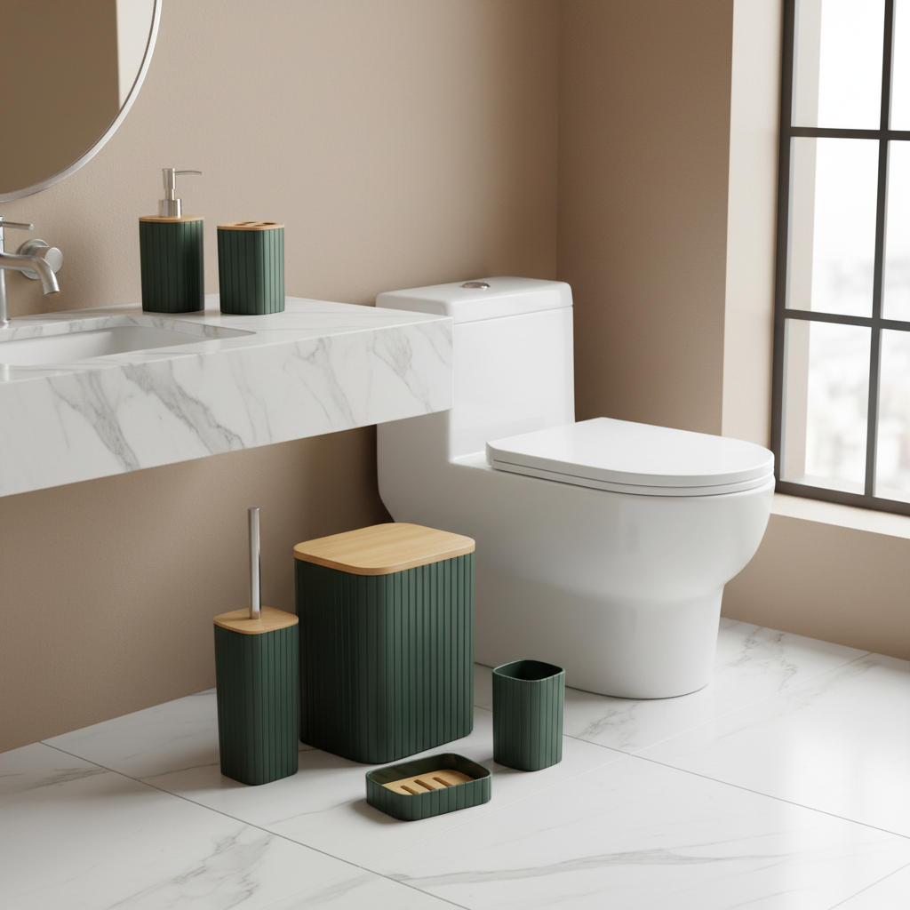 Green Ribbed Bathroom Accessories Set – 6 Pieces