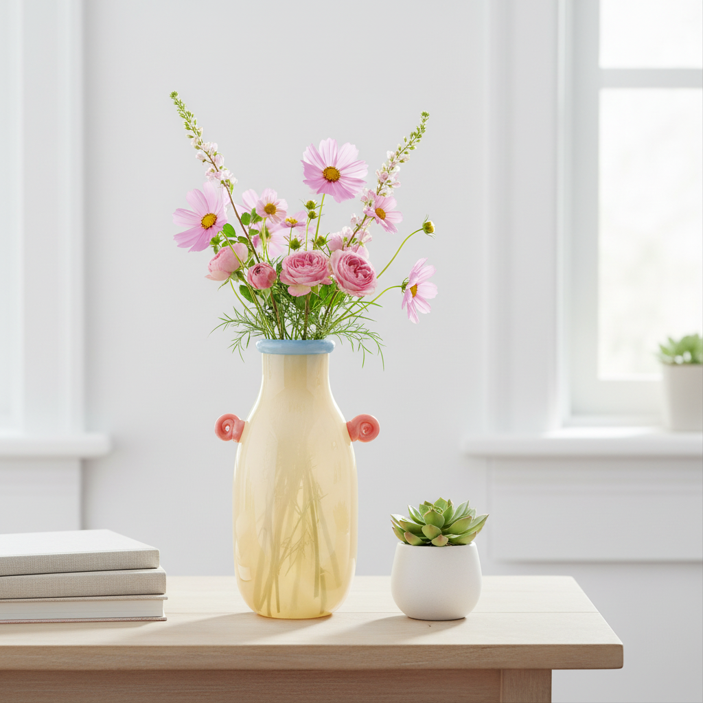 Cream Glass Vase with Coloured Accents