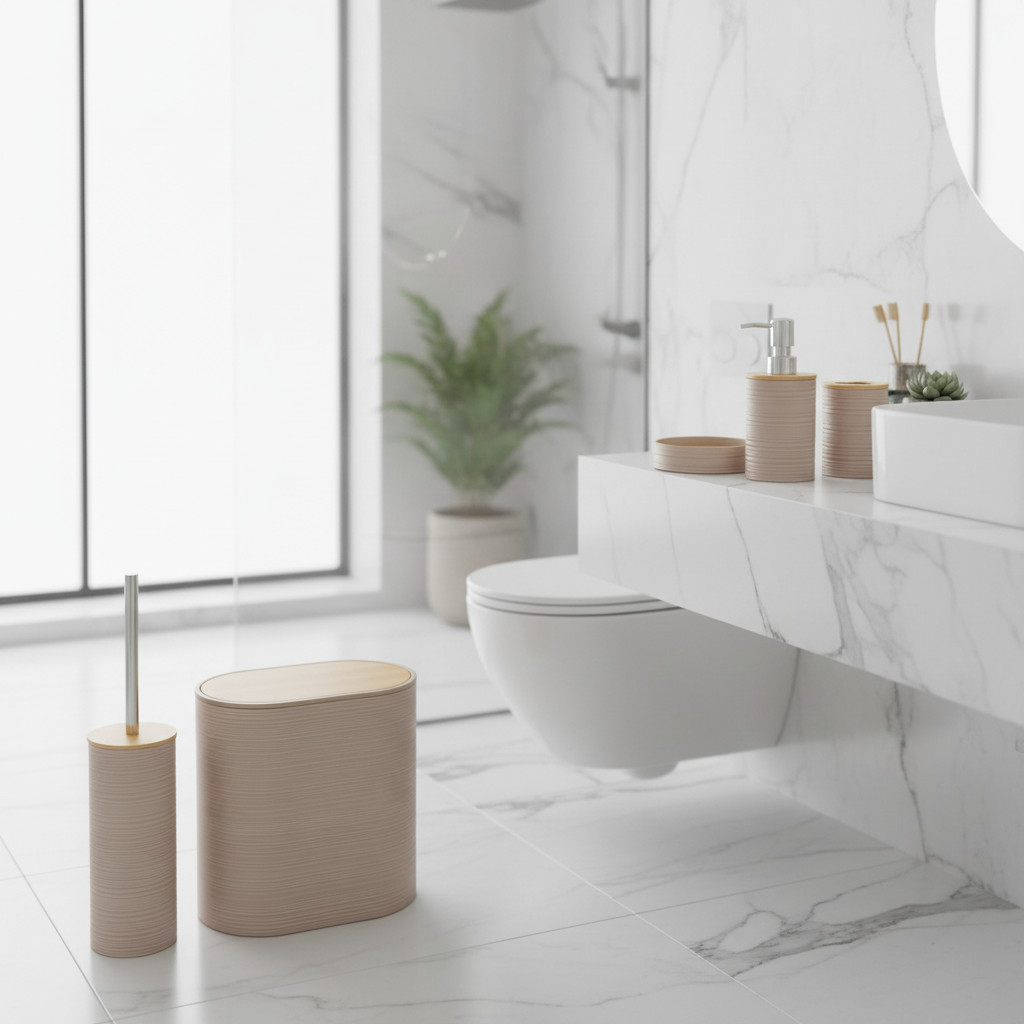 Beige Fine Lines Bathroom Accessories Set – 6 Pieces